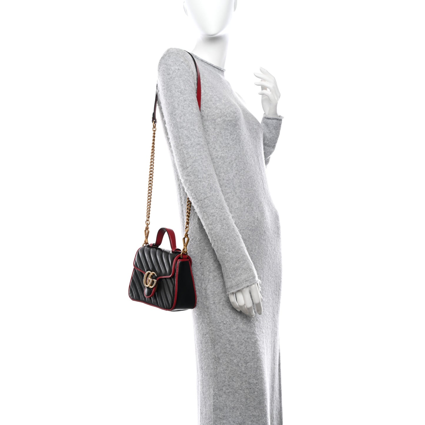 Vintage Effect Calfskin Matelasse Diagonal Mini Torchon GG Marmont Top Handle Shoulder Bag Black Romantic Cherry