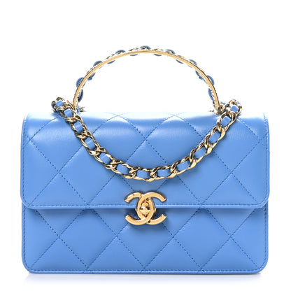 Chanel Lambskin Quilted Chain Logo Top Handle Flap Blue 1 of 12