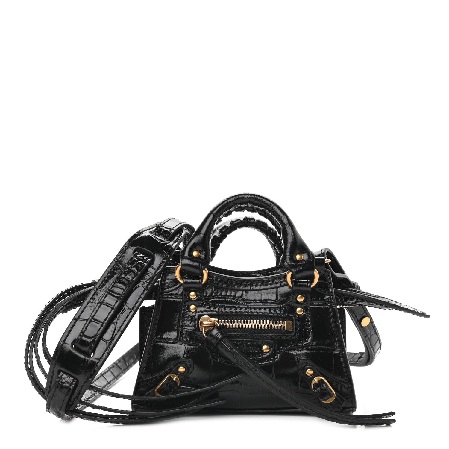 Balenciaga Shiny Supple Calfskin Crocodile Embossed Neo Classic Gold Hardware Super Nano City Crossbody Black 1 of 8