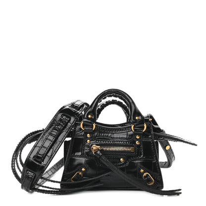 Balenciaga Shiny Supple Calfskin Crocodile Embossed Neo Classic Gold Hardware Super Nano City Crossbody Black 1 of 8
