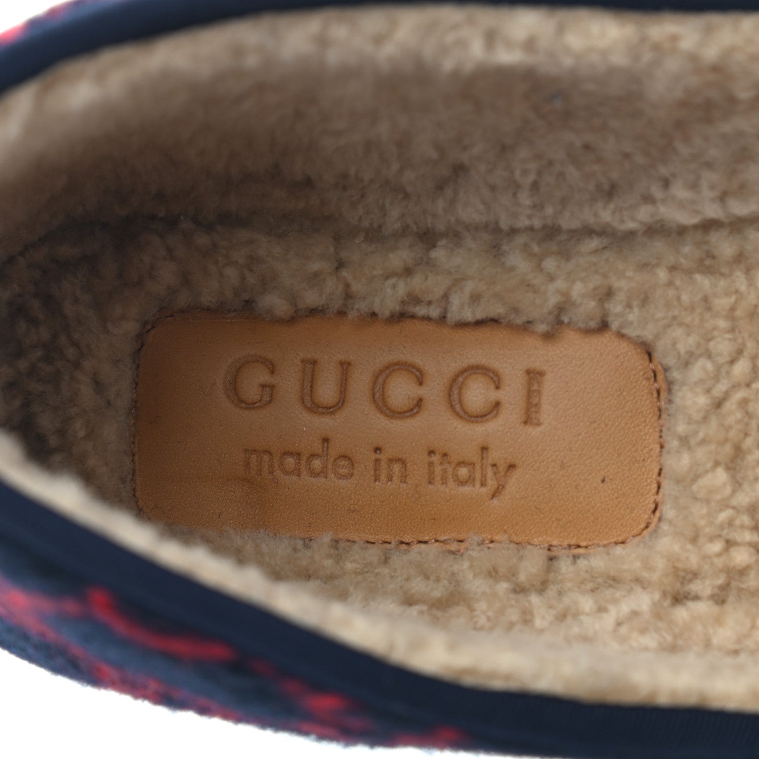 Gucci Covered Wool GG Monogram Mens Fria Horsebit Loafers 8 Blue Red Butterscotch 8 of 12