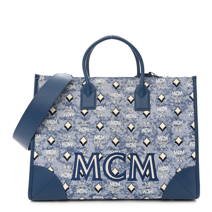 MCM Jacquard Monogram Munchen Extra Large Tote Blue 3 of 12