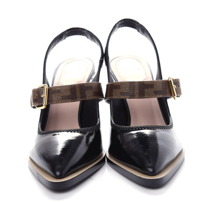 Fendi Glossy Neoprene Glazed Fabric FF FFrame Court Mary Jane Slingback Pumps 39 Black Tobacco Moro 5 of 10