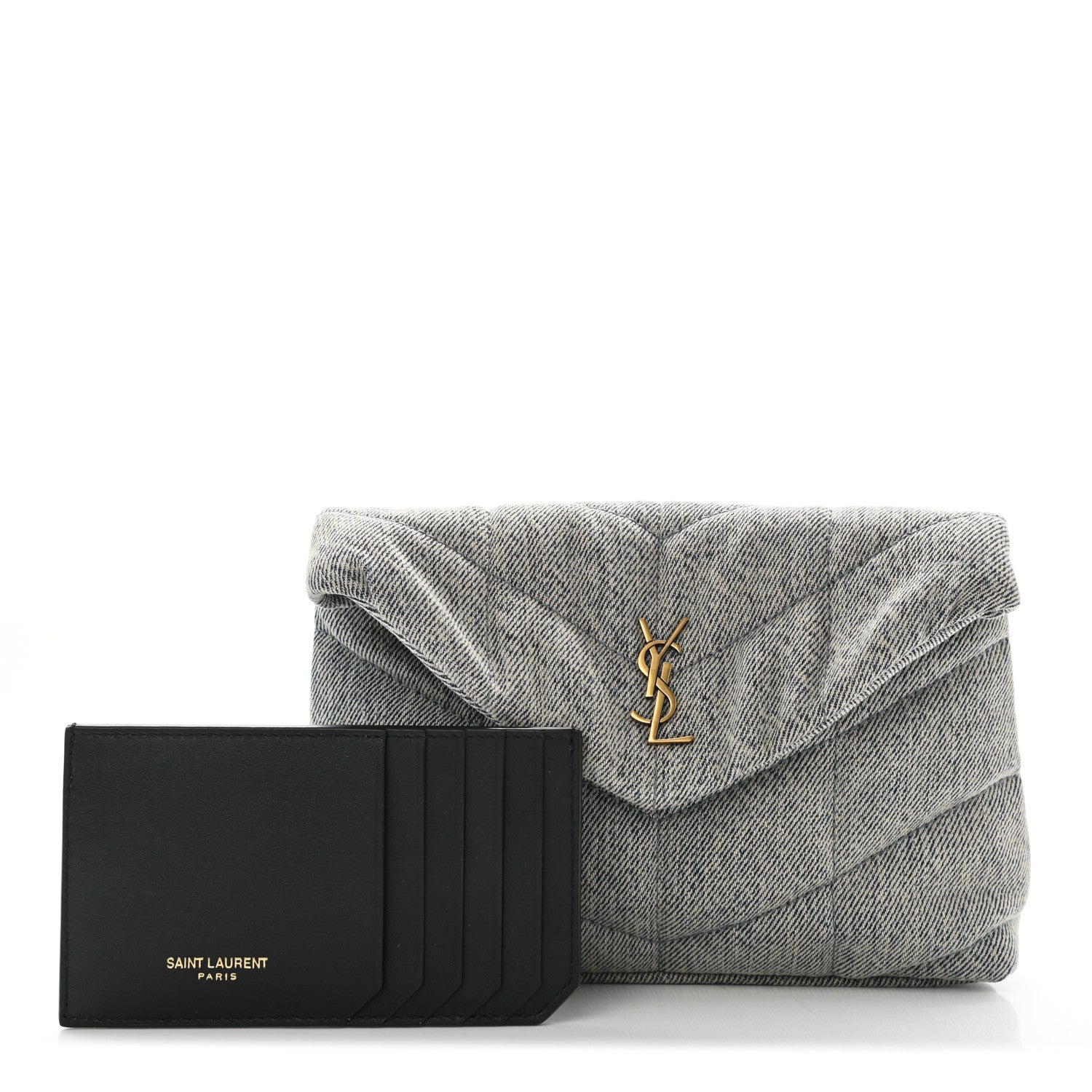 Saint Laurent Denim Quilted Monogram Loulou Puffer Pouch Clutch Blue Gray Light Azur 9 of 9
