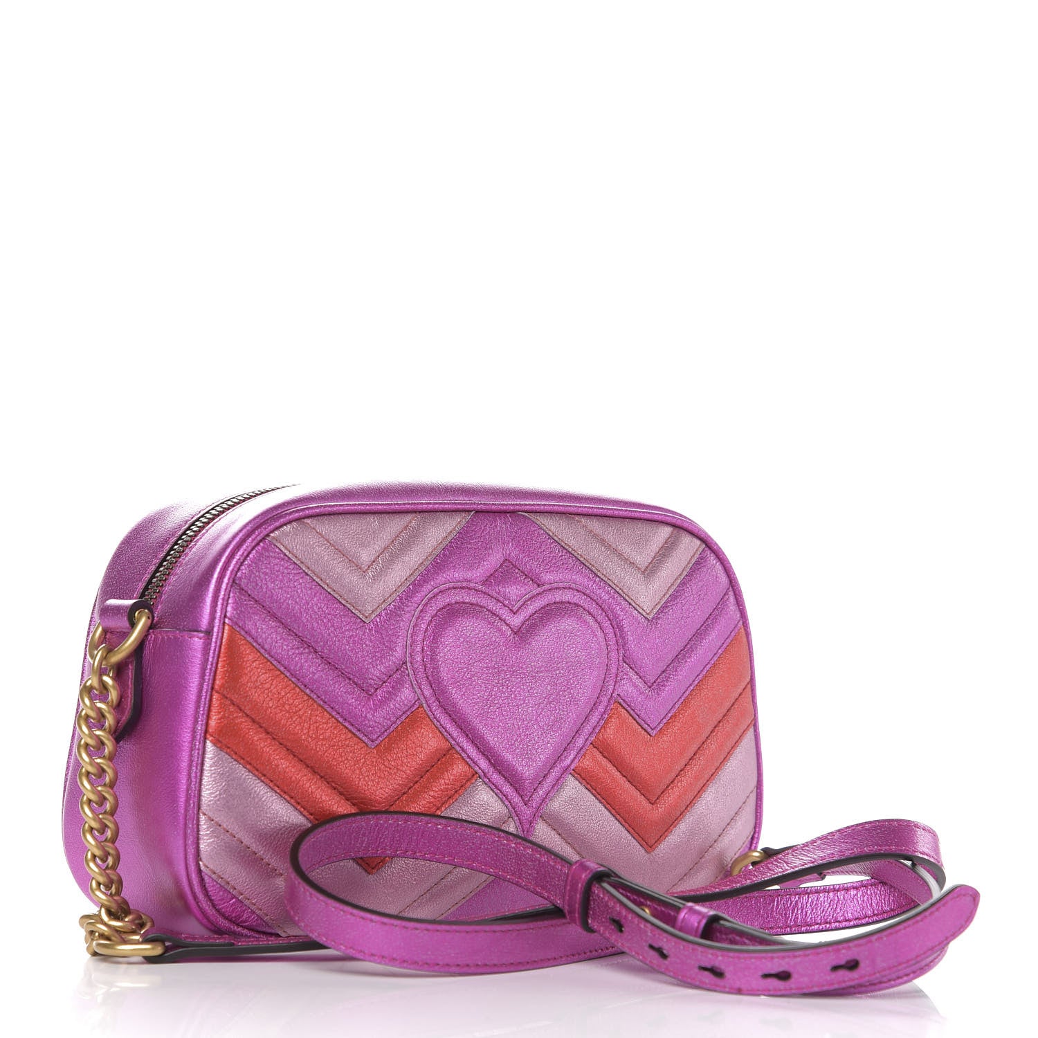 Gucci Laminated Nappa Matelasse Small GG Marmont Chain Shoulder Bag Fuxia Rosso Rosa 2 of 10