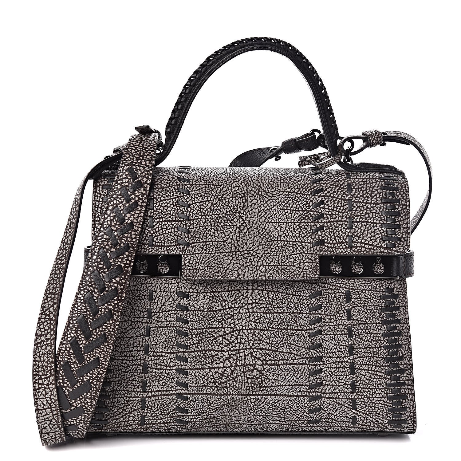 Delvaux Grained Calfskin MM Tribal Stitch Tempete Satchel Ebene Ivory Black 1 of 11