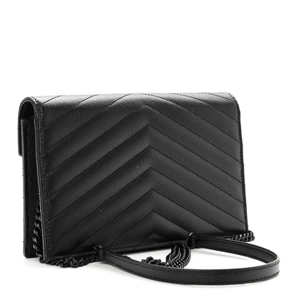 Saint Laurent Grain De Poudre Matelasse Chevron Monogram Monochrome Envelope Chain Wallet Black 3 of 9