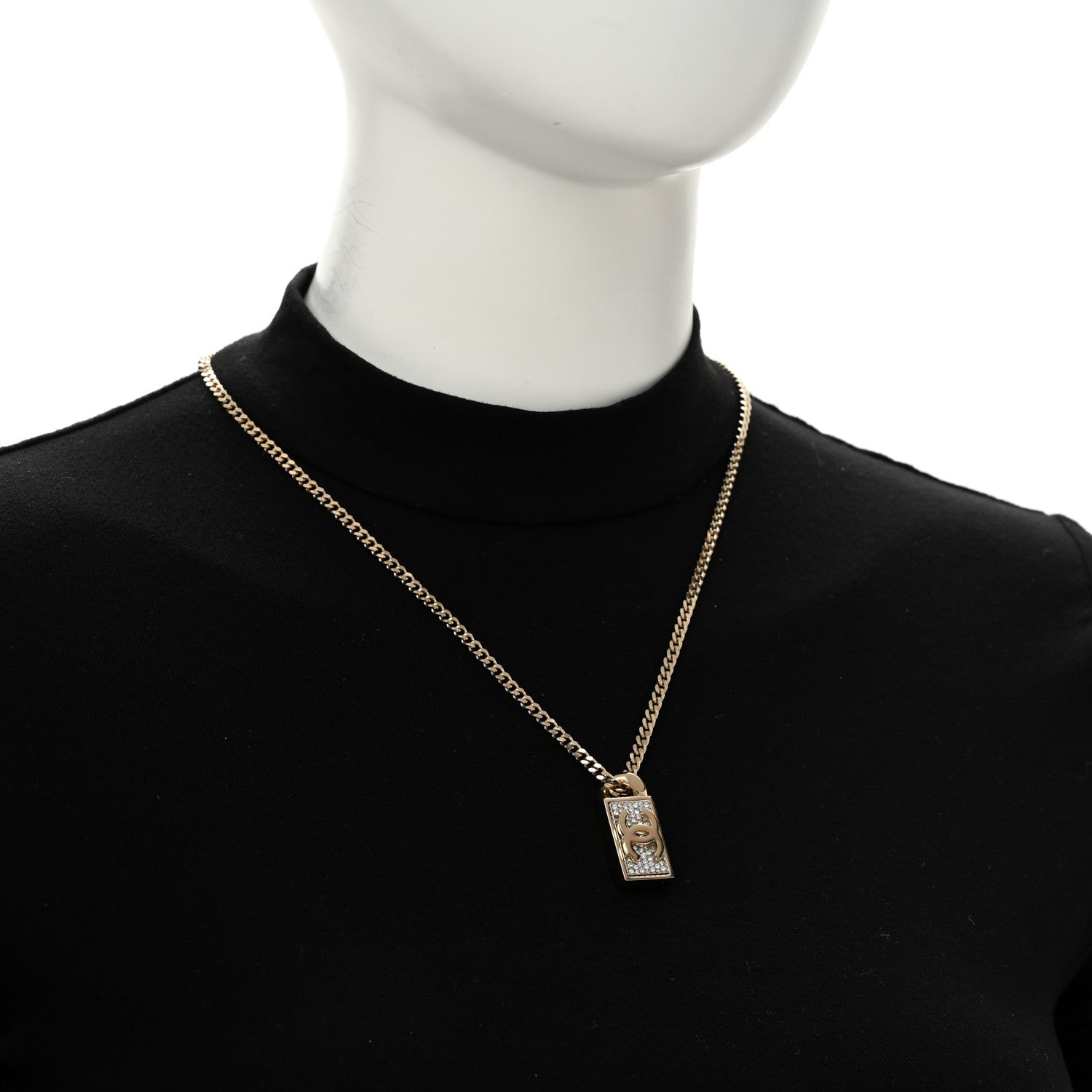 Chanel Crystal Dog Tag Charm Necklace Gold 2 of 6