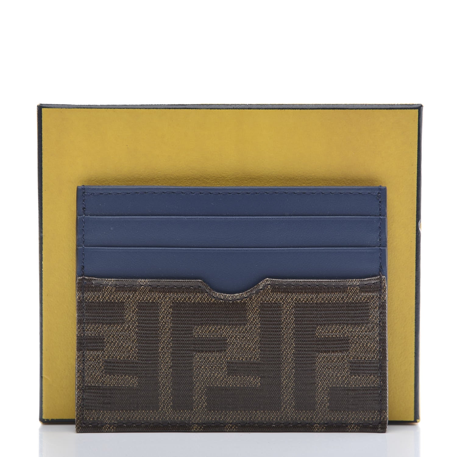 Fendi Vitello Century Glazed Fabric FF 1974 Card Holder Blu Scuro Mogano Panna 10 of 10