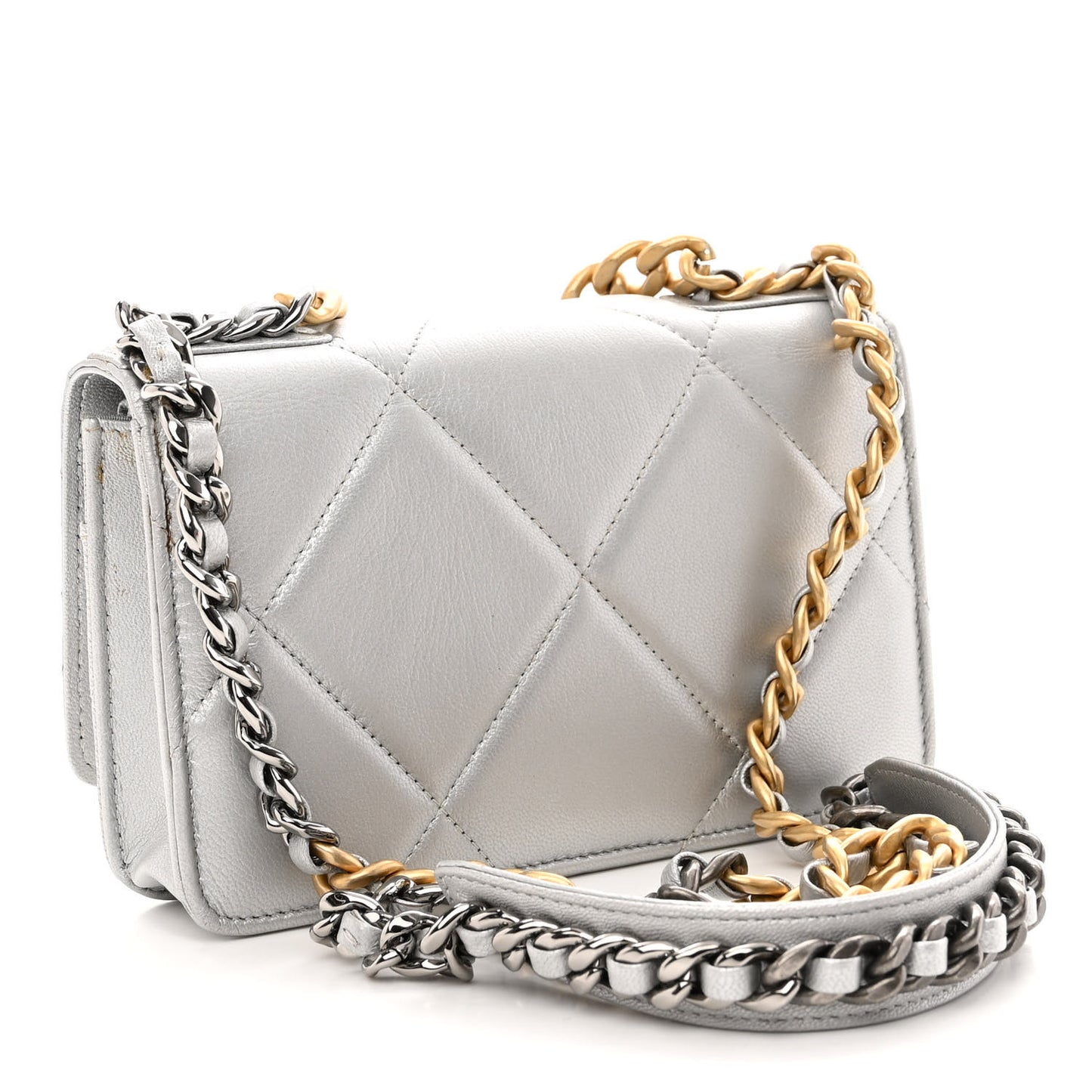 Metallic Goatskin Quilted Chanel 19 Wallet On Chain WOC Silver