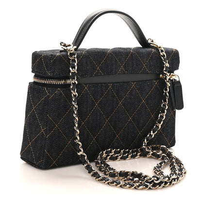 Chanel Denim Quilted Top Handle Slim Vanity Case With Chain Dark Blue Orange 3 of 11