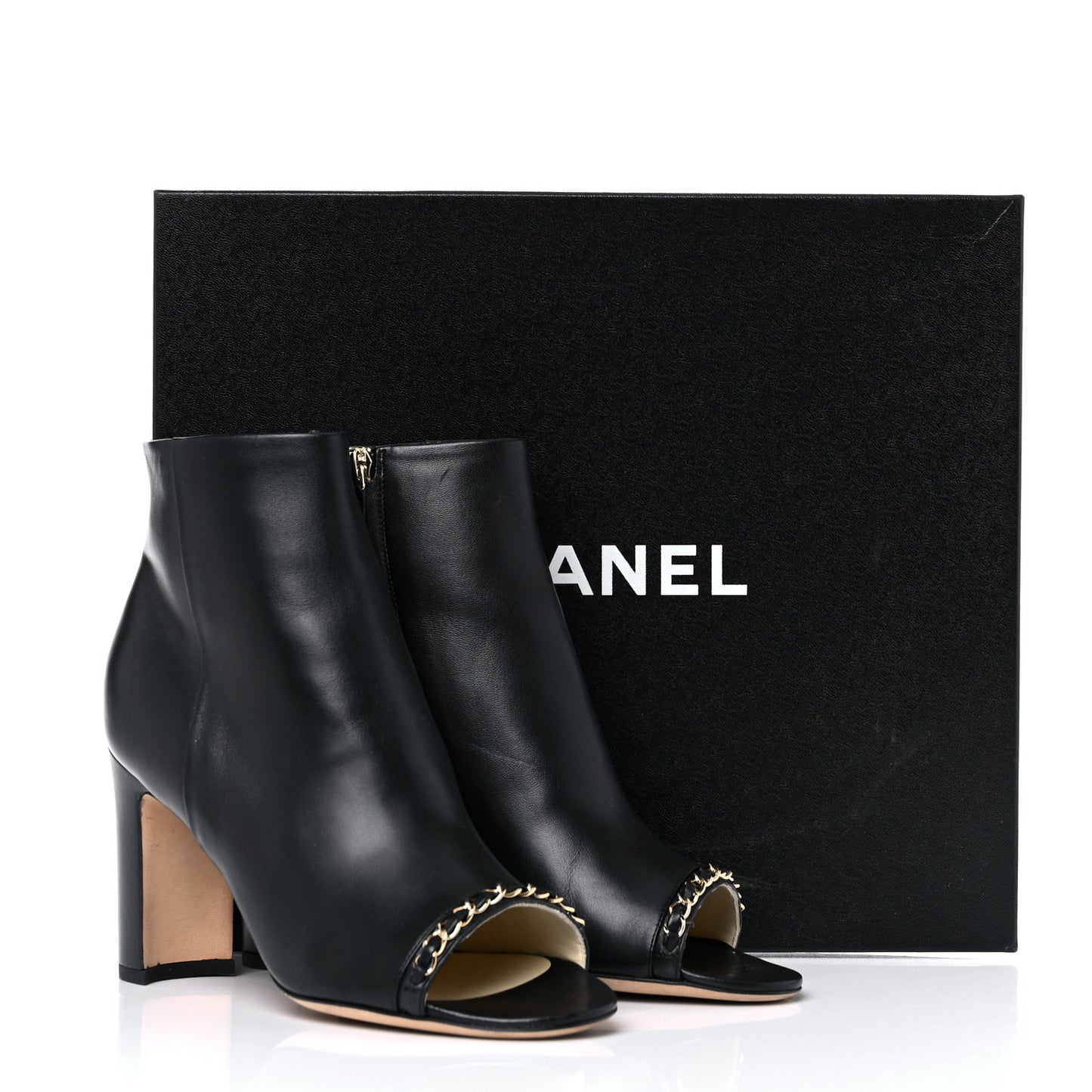 Lambskin CC Chain Peep Toe Short Boots 37.5 Black