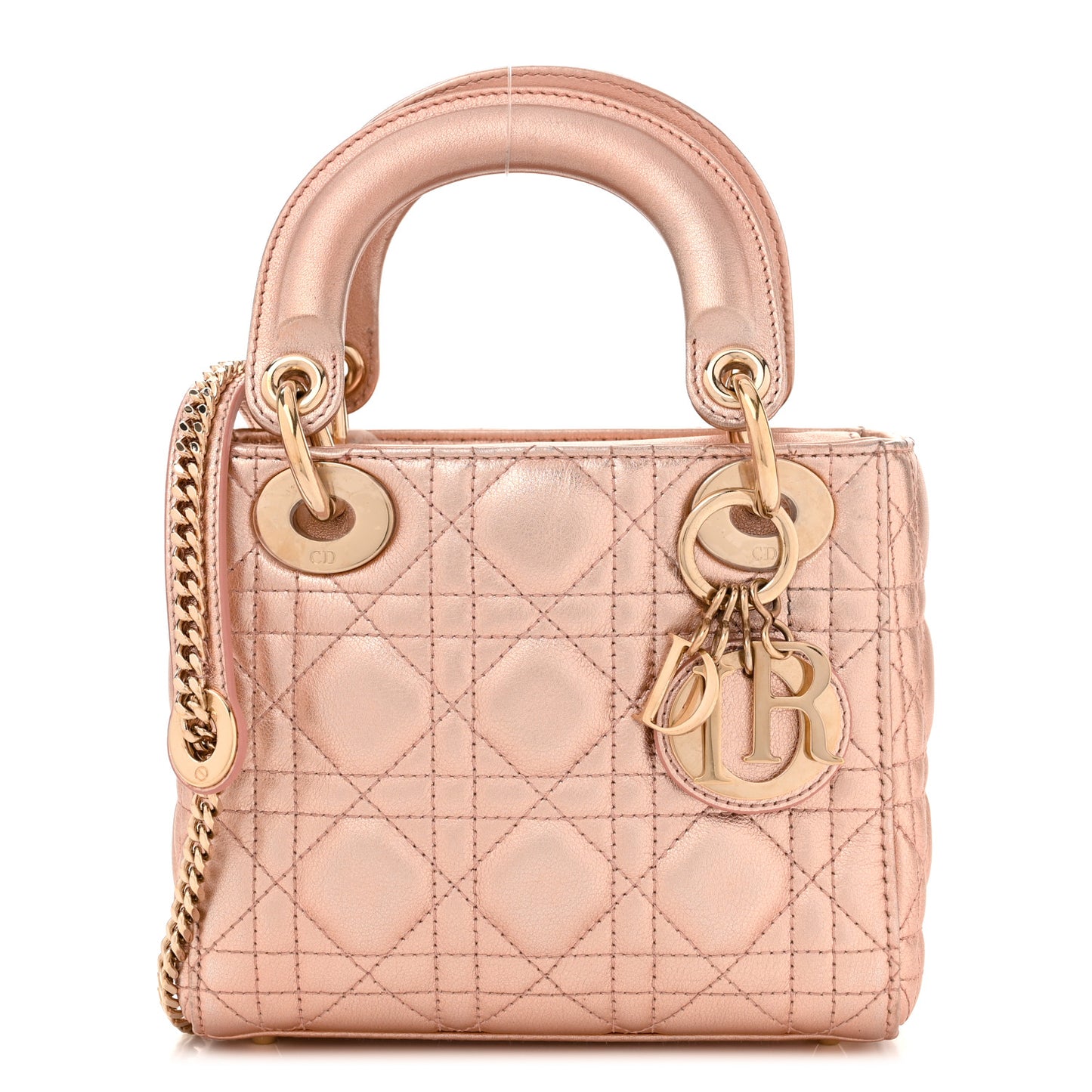 Metallic Grained Calfskin Cannage Mini Lady Dior Gold Rose