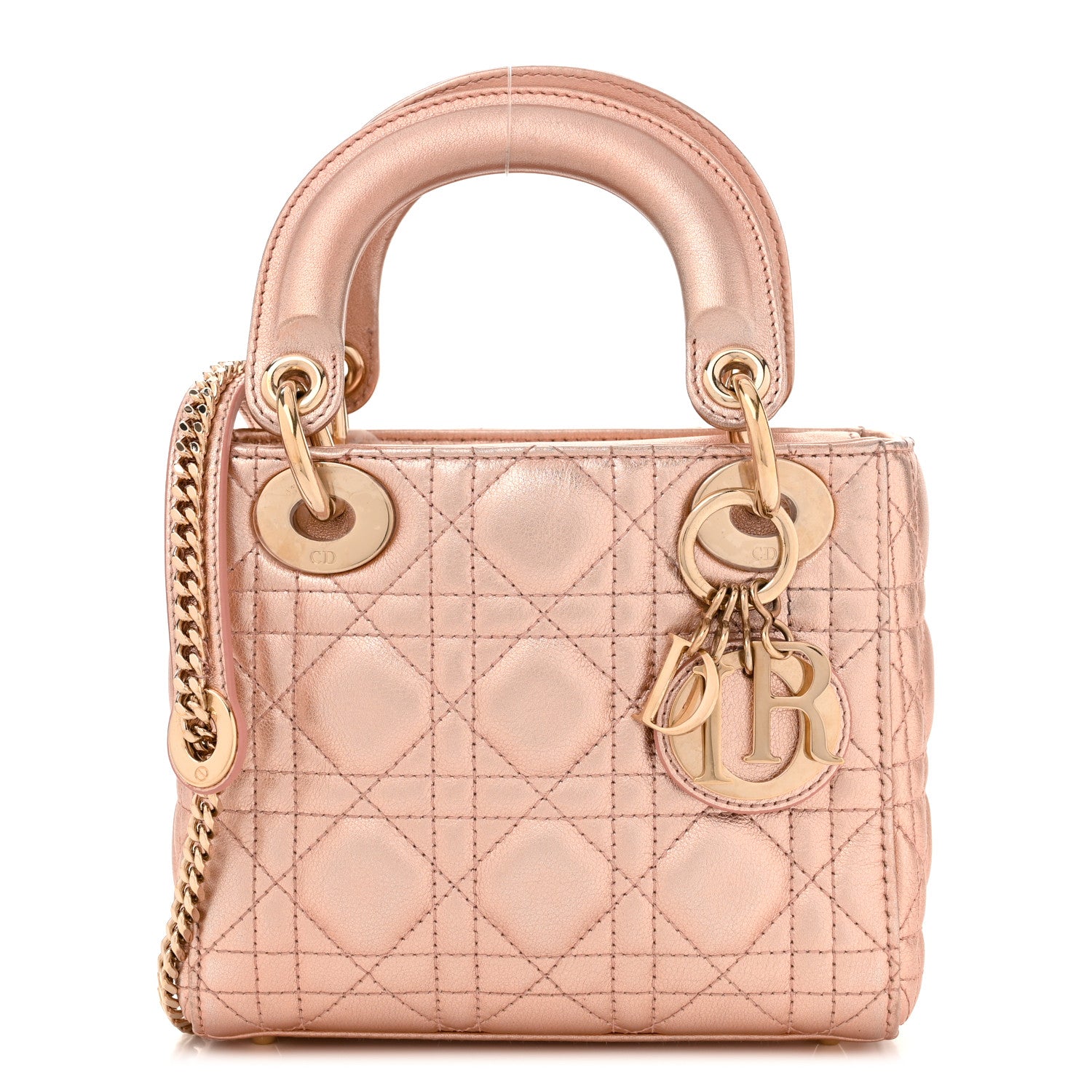 Christian Dior Metallic Grained Calfskin Cannage Mini Lady Dior Gold Rose 1 of 10