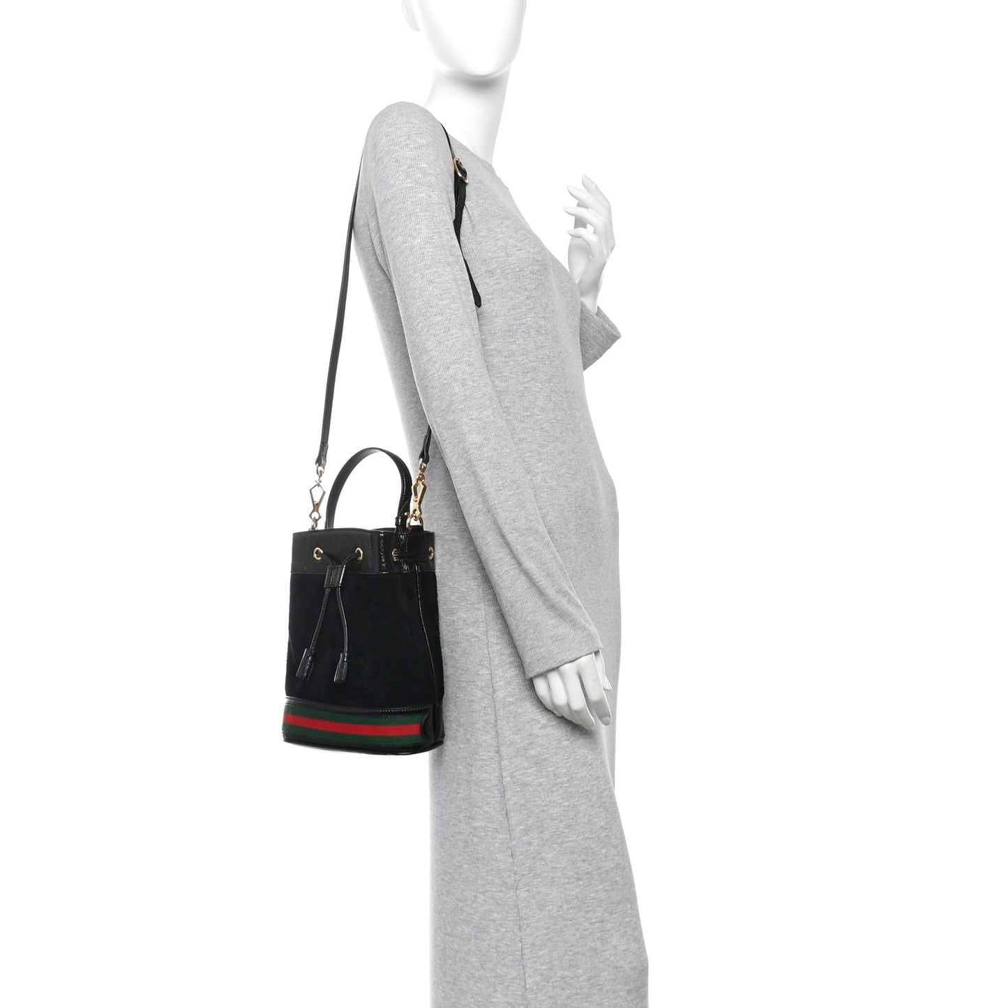 Suede Patent Web Small Ophidia Bucket Bag Black