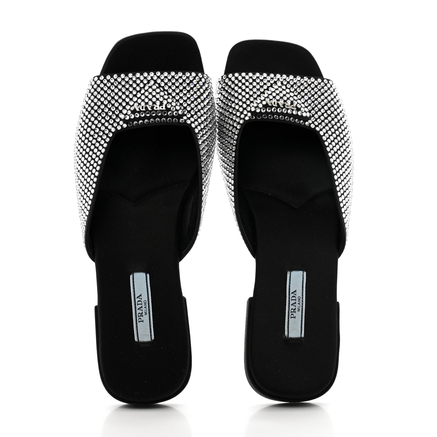 Satin Crystal Logo 10mm Slide Sandals 39 Black