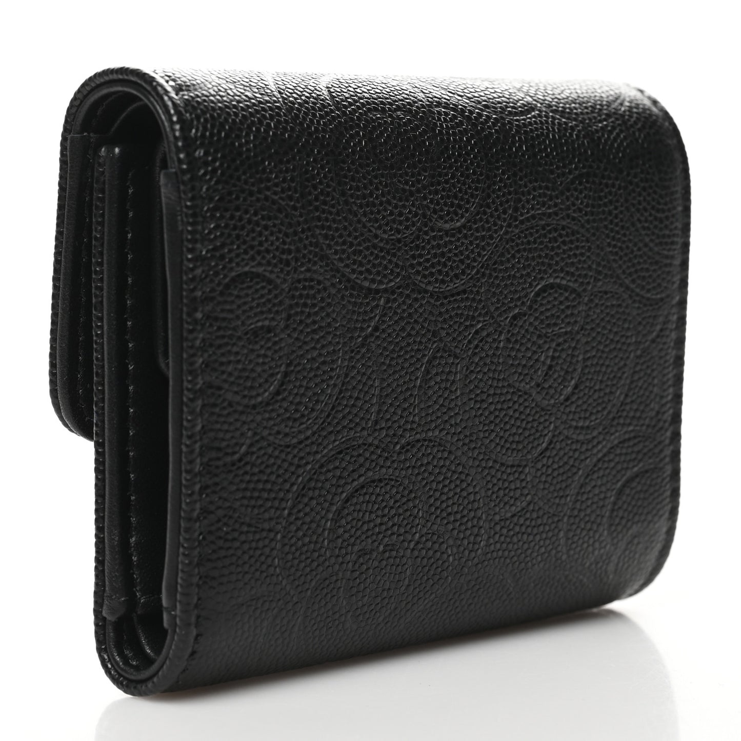 Caviar Camellia Embossed Compact Wallet Black