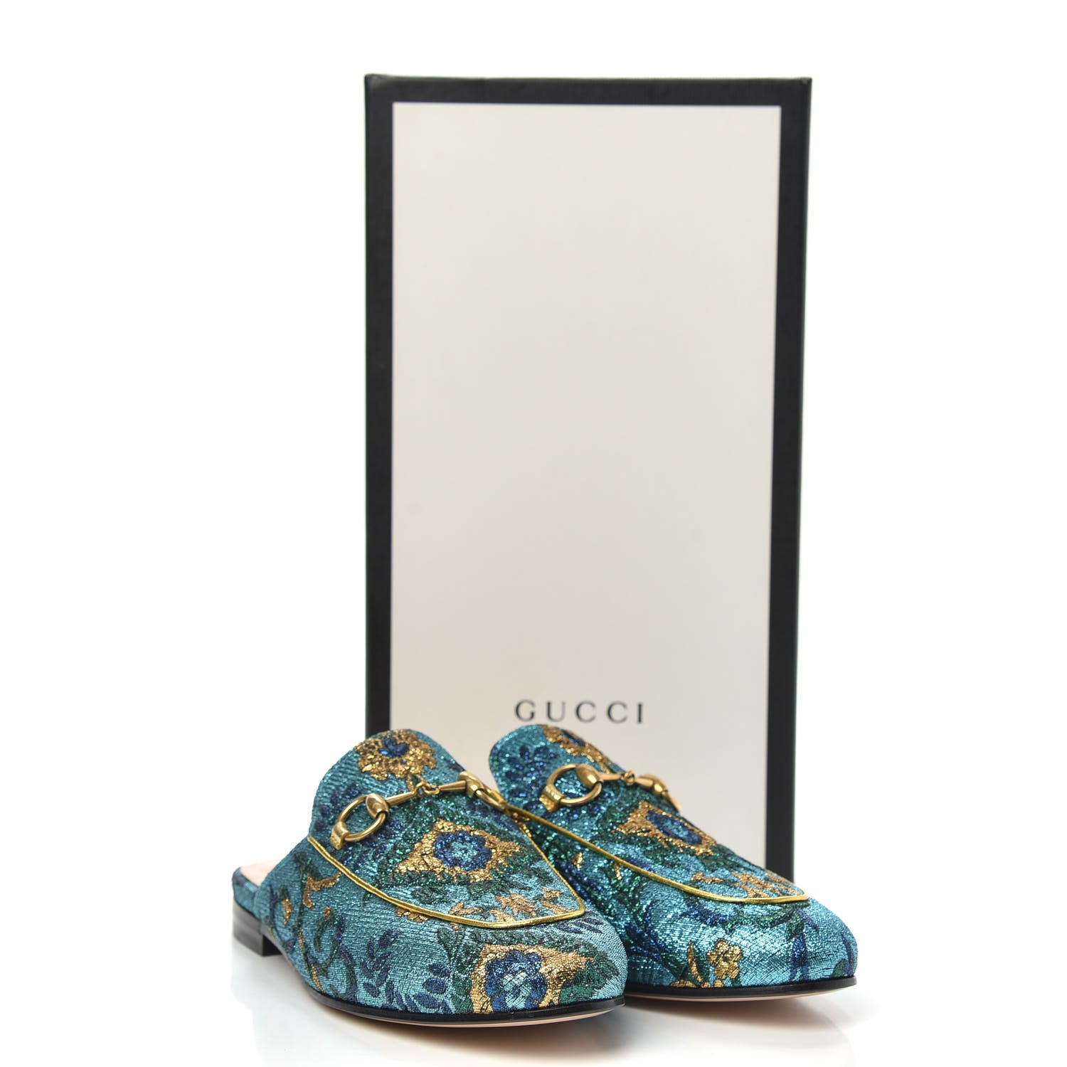 Gucci Iridescent Brocade Womens Princetown Slippers 35.5 Azure Multicolor Oro 9 of 9