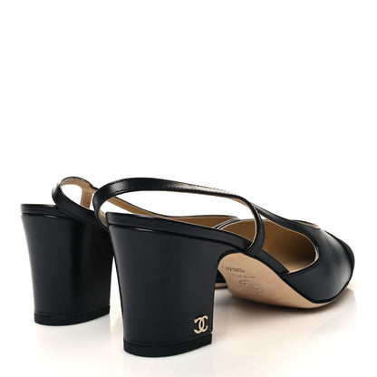 Chanel Goatskin Grosgrain Cap Toe CC Slingback Sandals 38.5 Black 4 of 9