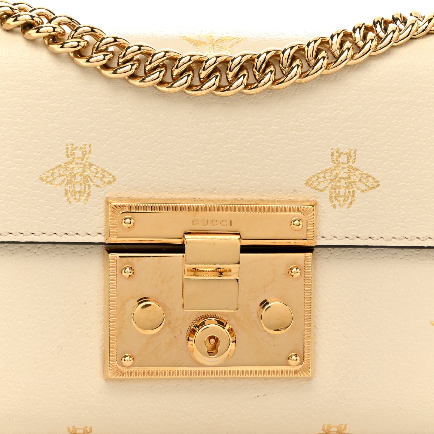 Grained Calfskin Bee Star Small Padlock Shoulder Bag White