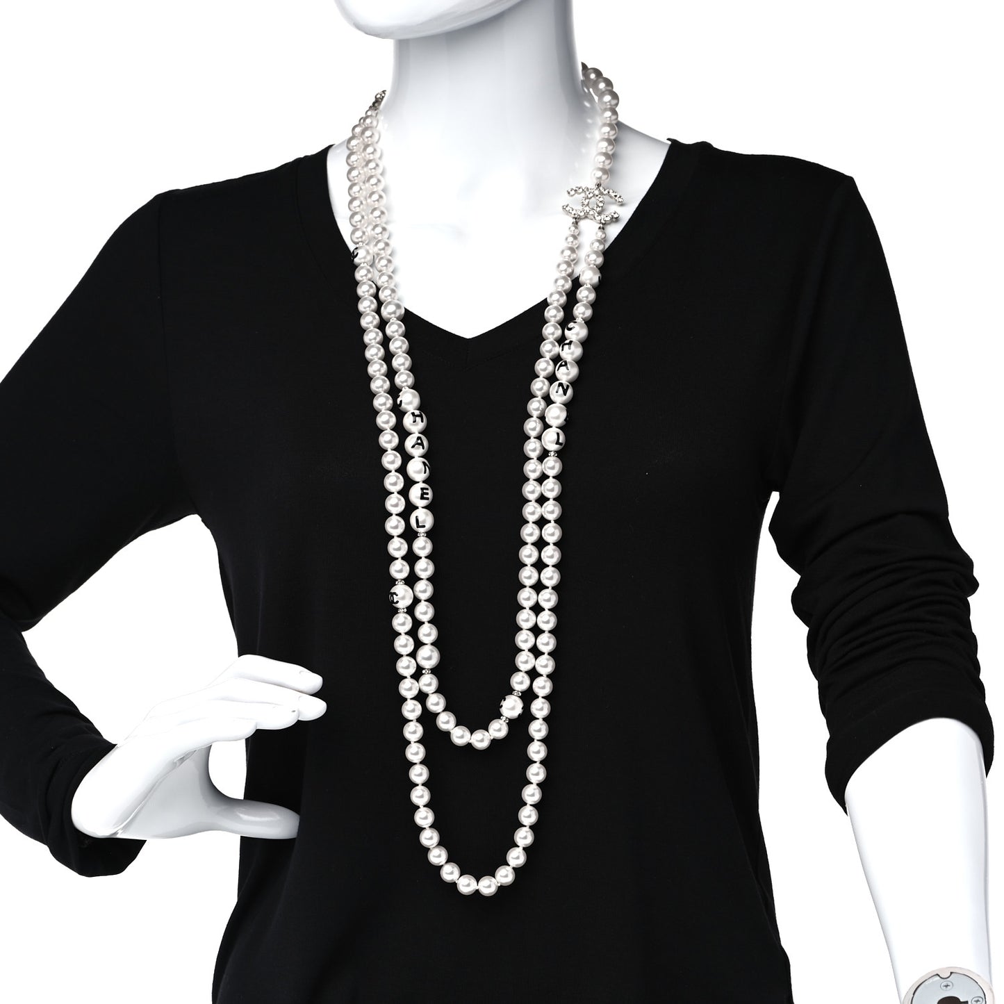 Pearl Crystal Long CC Logo Necklace Gold