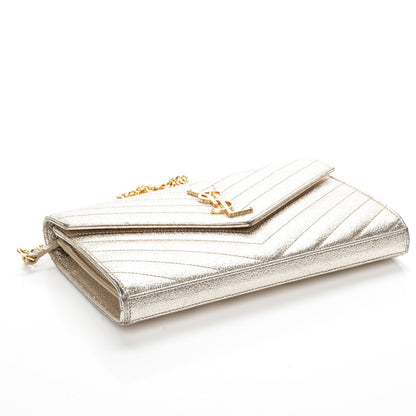 Saint Laurent Grain De Poudre Matelasse Chevron Monogram Chain Wallet Gold 4 of 10