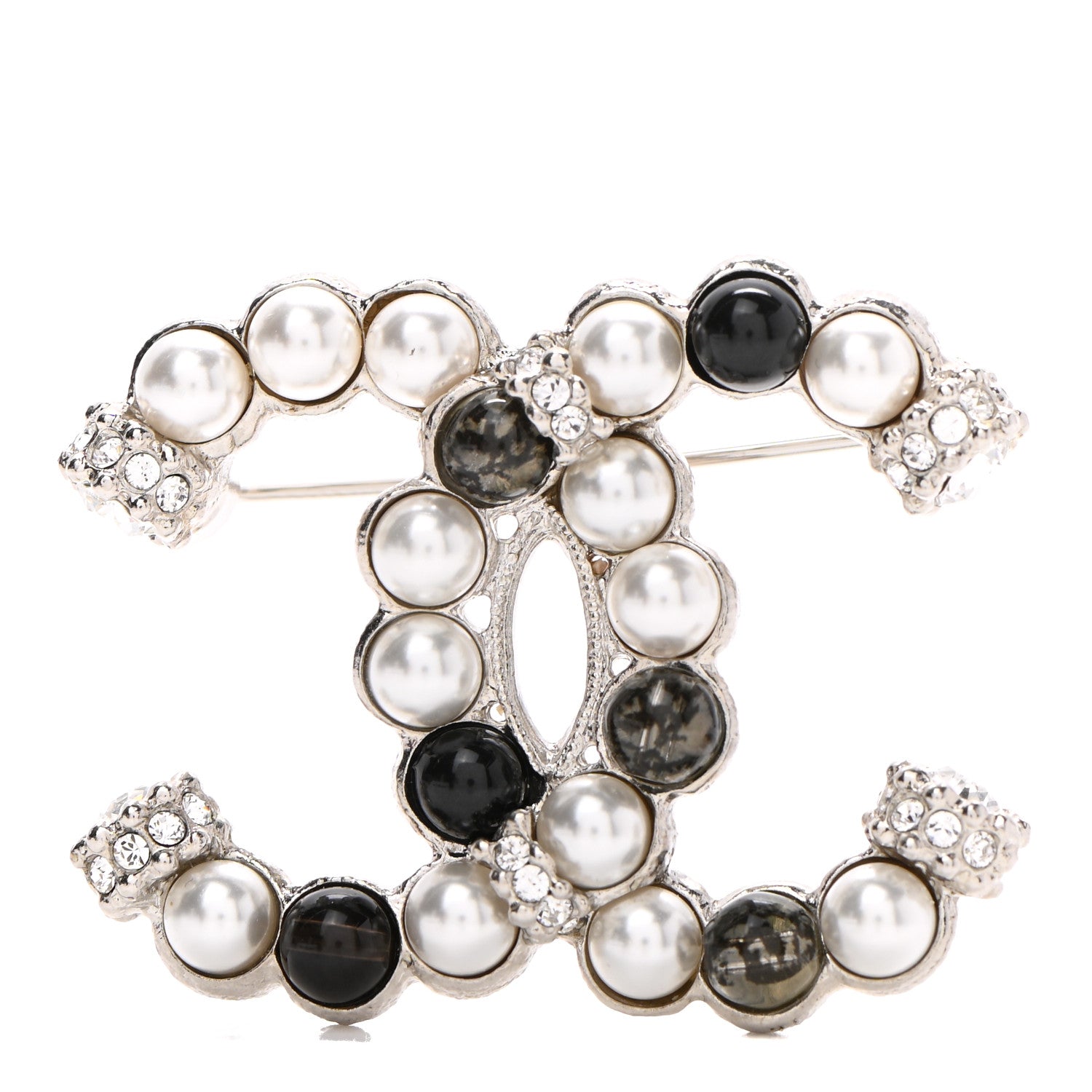 Chanel Pearl Crystal Bead CC Brooch Silver Black 1 of 5