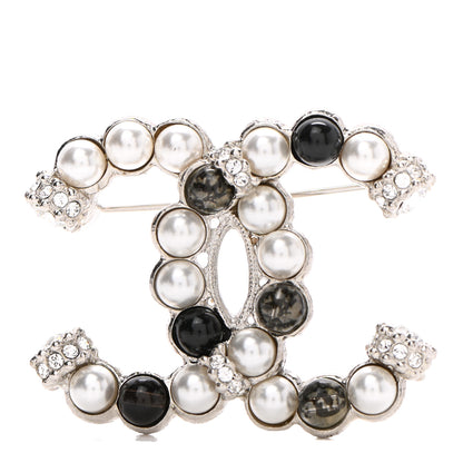 Chanel Pearl Crystal Bead CC Brooch Silver Black 1 of 5