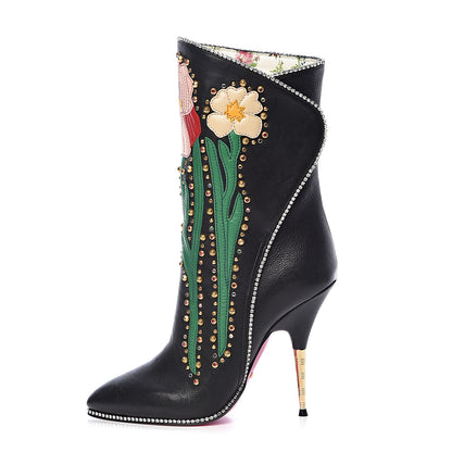 Gucci Calfskin Floral Crystal Embroidered Fosca Boots 36.5 Black 1 of 8