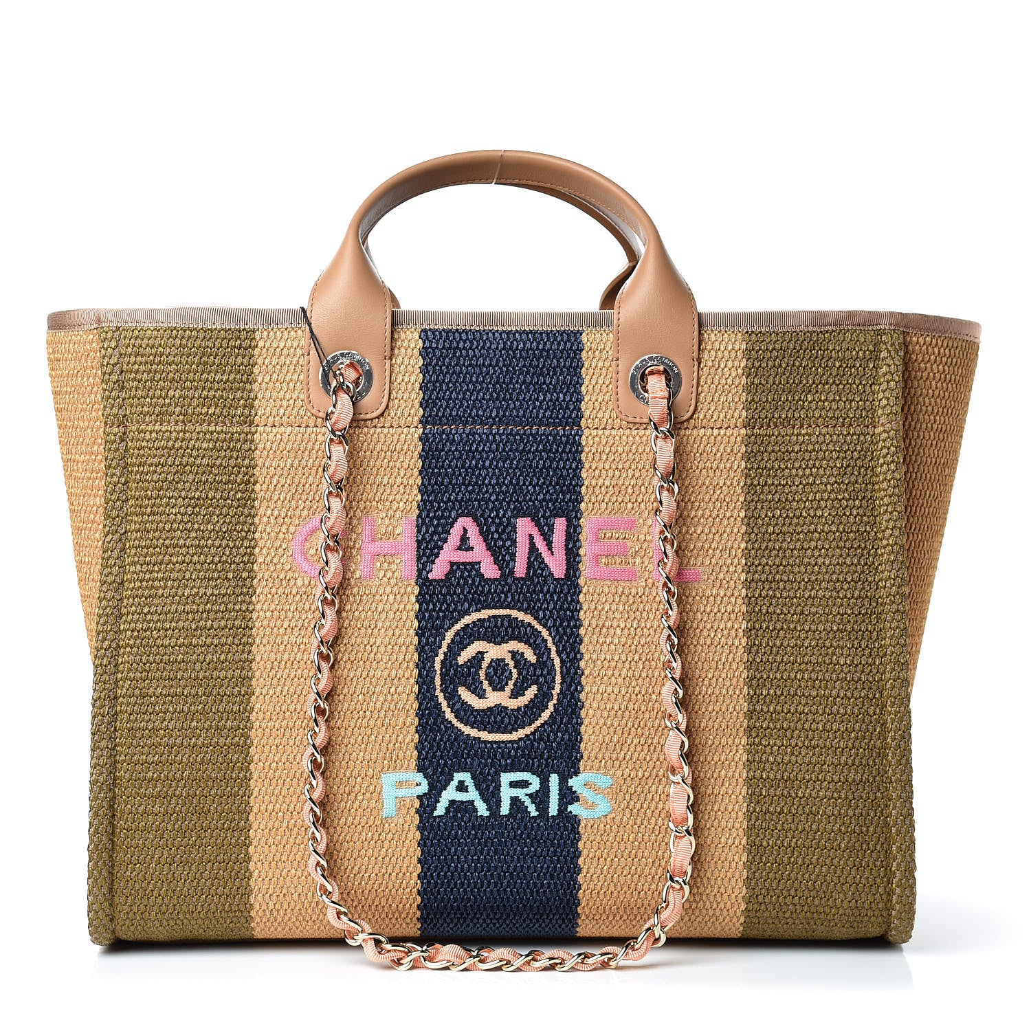 Chanel Straw Raffia Calfskin Striped Large Deauville Tote Khaki Beige Navy Blue 1 of 12