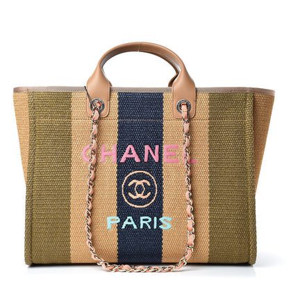 Chanel Straw Raffia Calfskin Striped Large Deauville Tote Khaki Beige Navy Blue 1 of 12