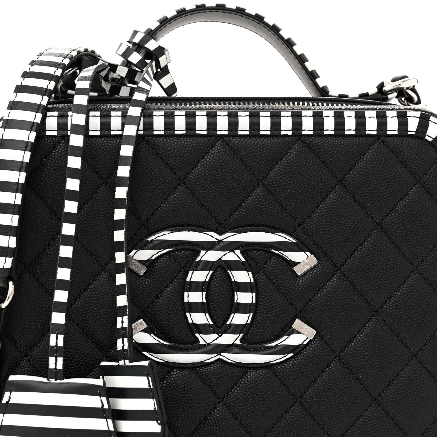 Chanel Caviar Quilted Striped Medium CC Filigree Vanity Case Black White 8 of 10