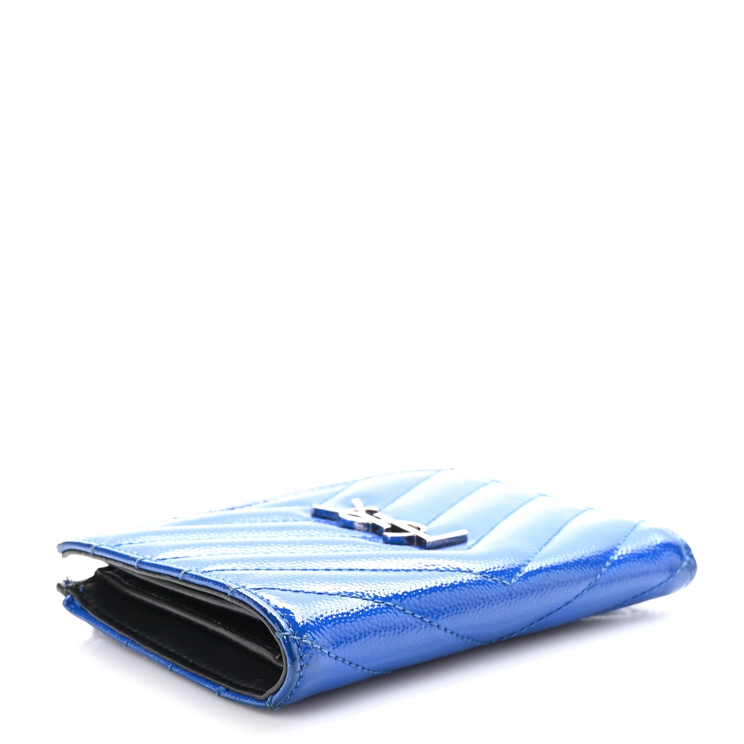 Saint Laurent Patent Grain De Poudre Matelasse Chevron Monogram Zipped Two-Part Wallet Royal Blue 4 of 10