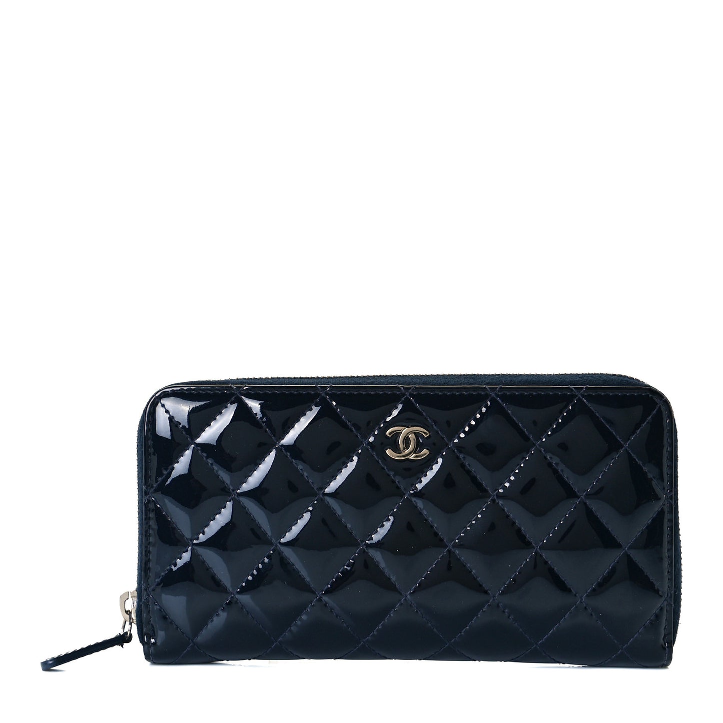 Patent Calfskin Quilted Large Gusset Zip Around Wallet Blue
