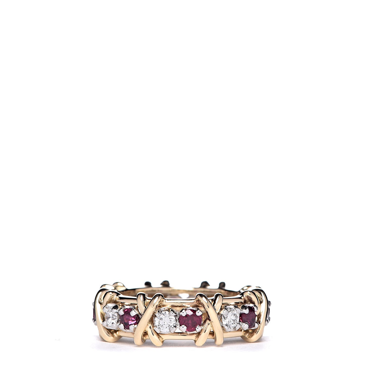 18K Yellow Gold Platinum Diamond Ruby Schlumberger Sixteen Stone Ring 54 6.75