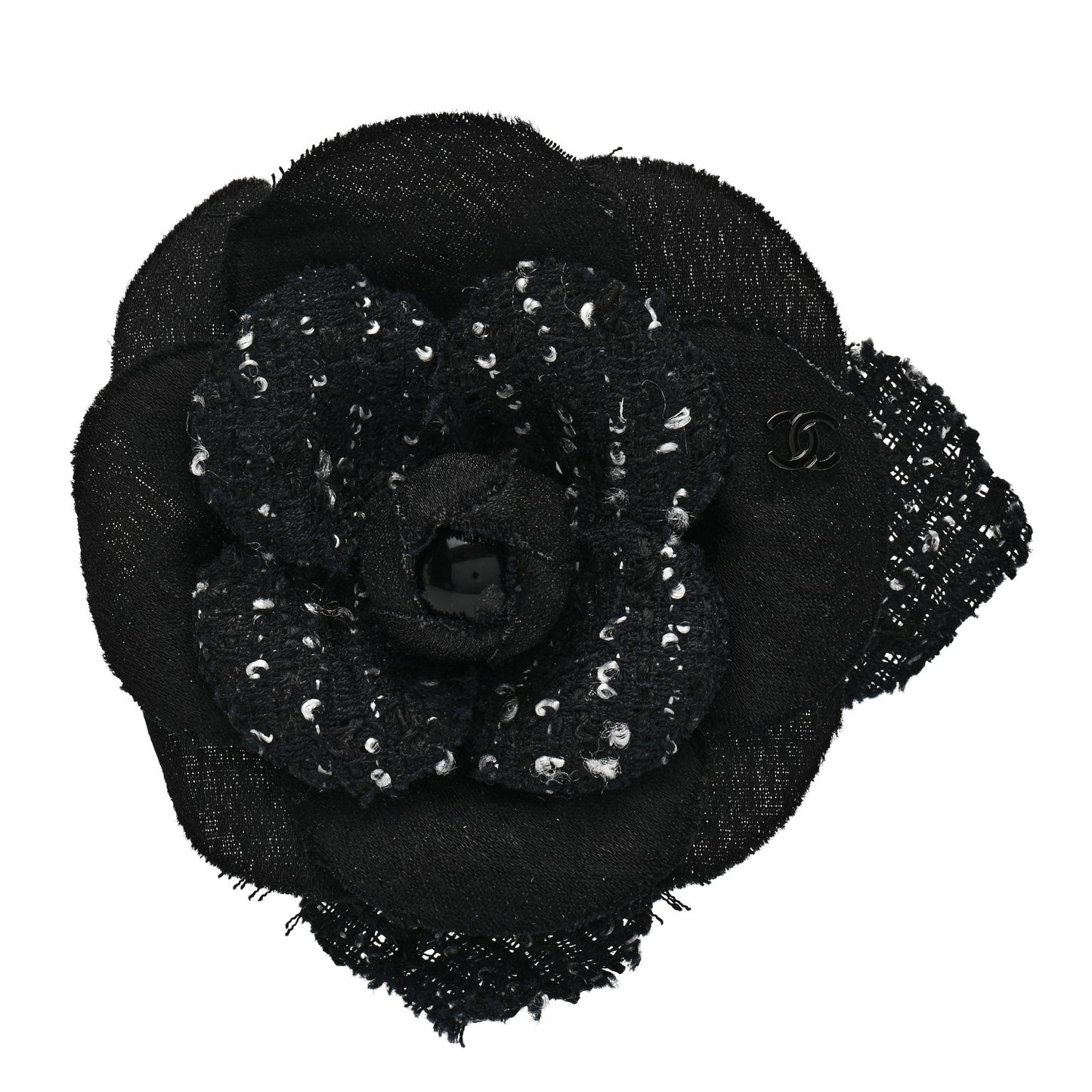 Tweed Camellia Pin Brooch Black