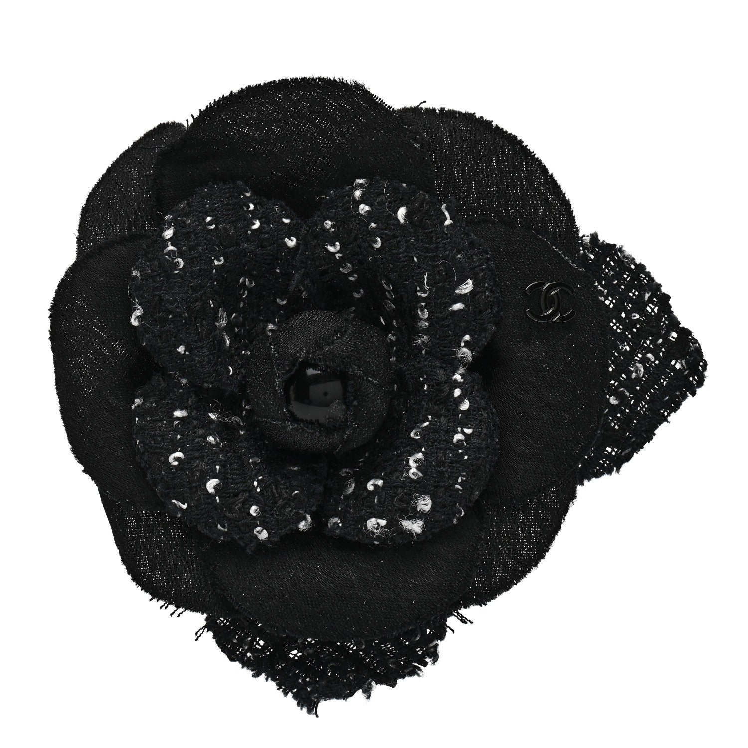Chanel Tweed Camellia Pin Brooch Black 1 of 4