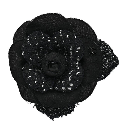 Chanel Tweed Camellia Pin Brooch Black 1 of 4