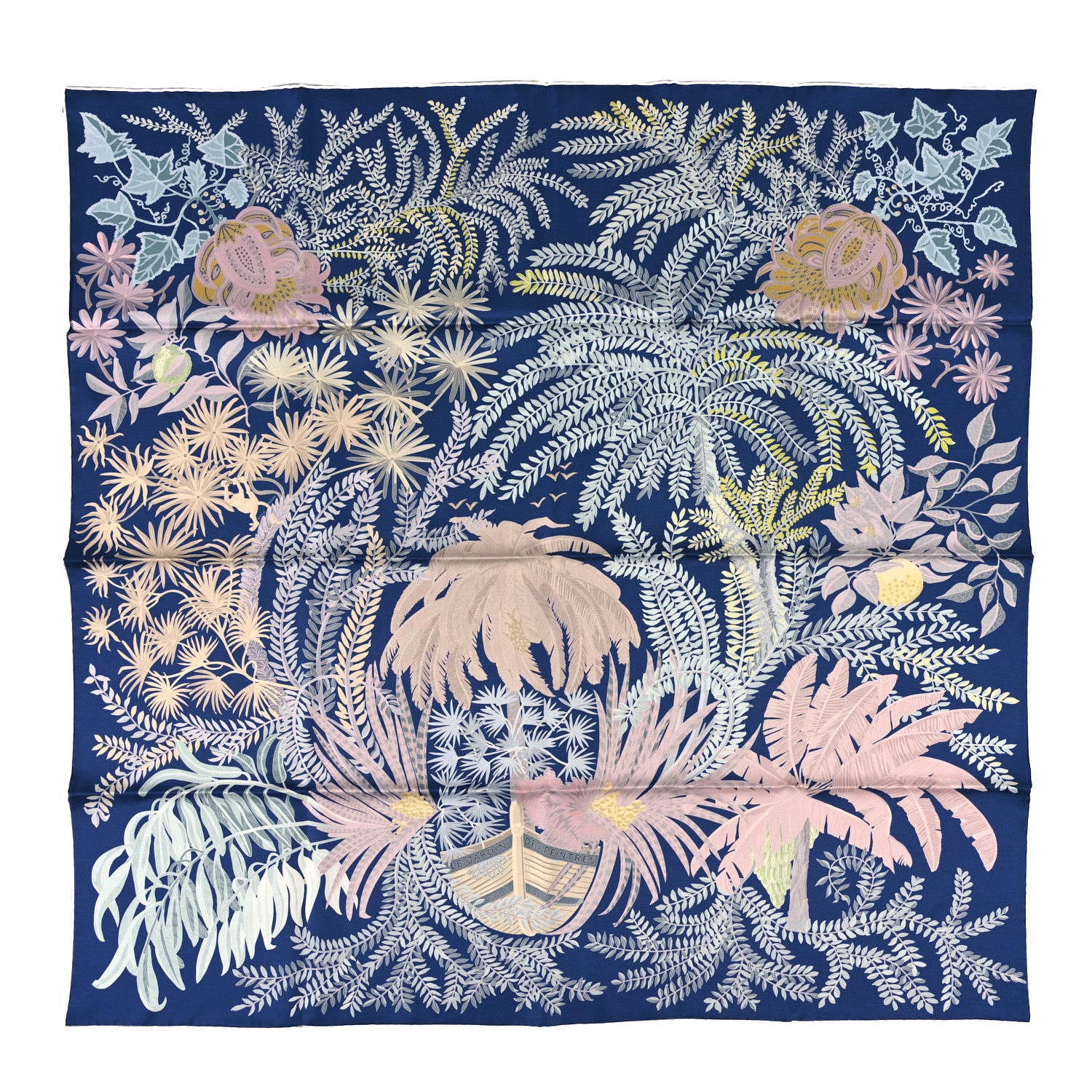 Hermes Silk Le Jardin Des Peintres Double Face Scarf 90 Marine Clair Rose Pale Vert 1 of 4