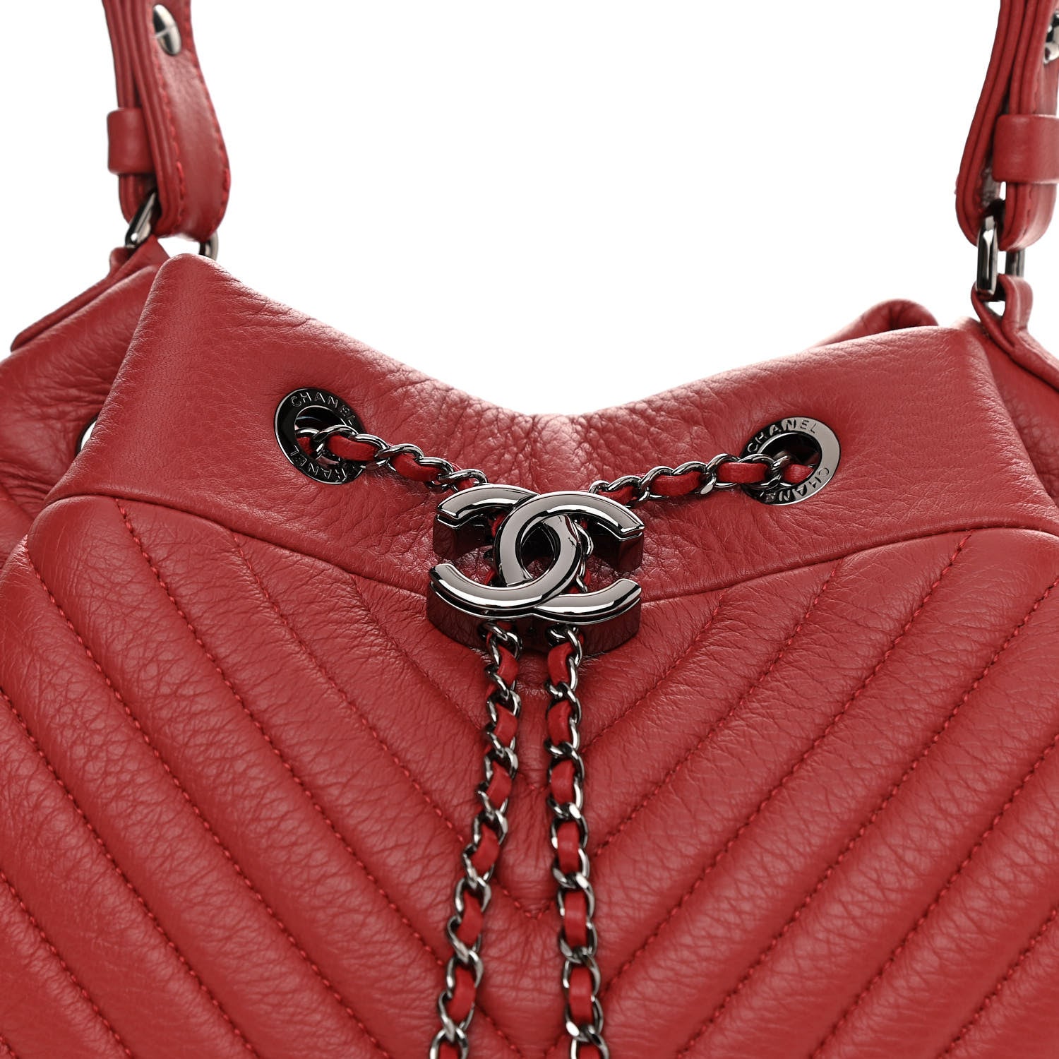 Chanel Deerskin Chevron Quilted Medium CC Chain Bucket Drawstring Bag Red 8 of 10