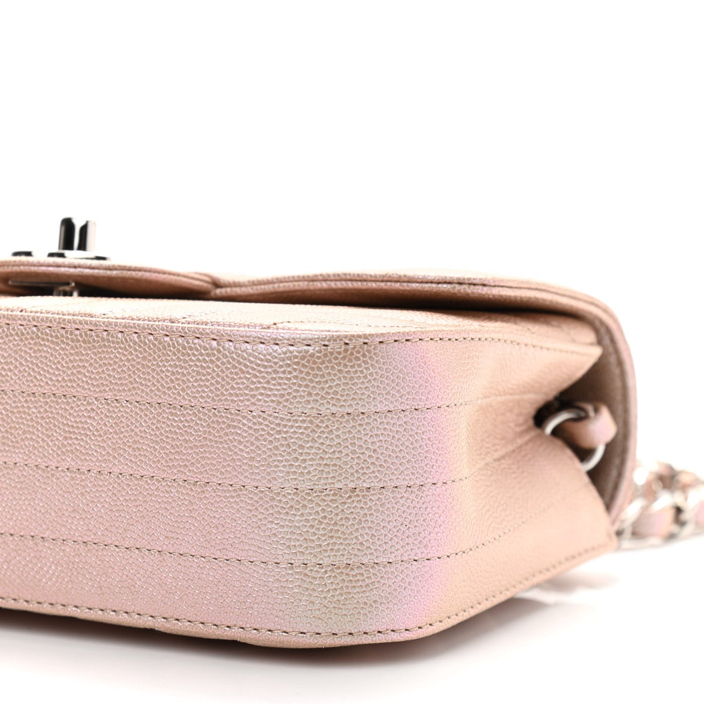 Iridescent Caviar Chevron Quilted Mini Rectangular Flap Light Gold