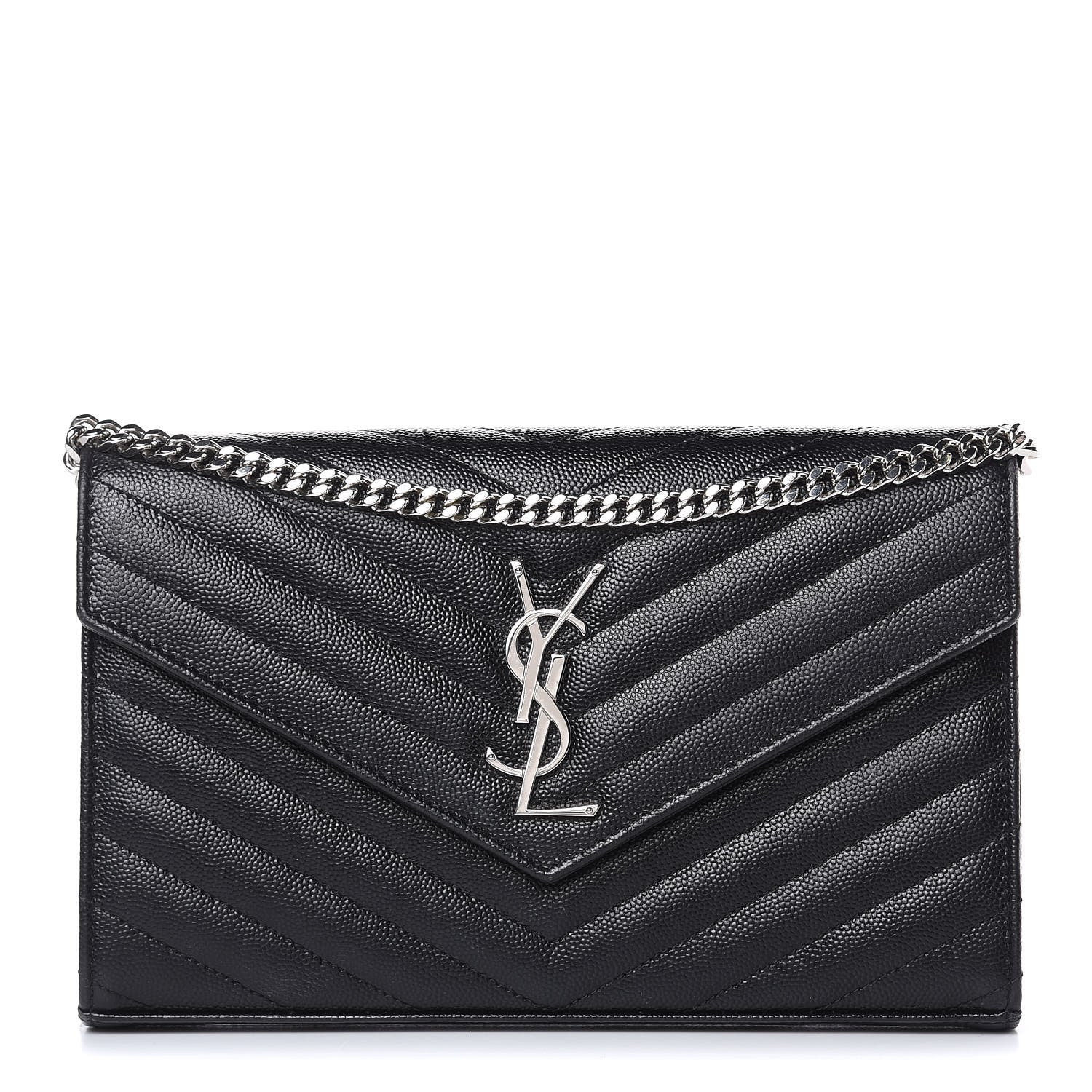 Saint Laurent Grain De Poudre Matelasse Chevron Monogram Chain Wallet Black 1 of 10
