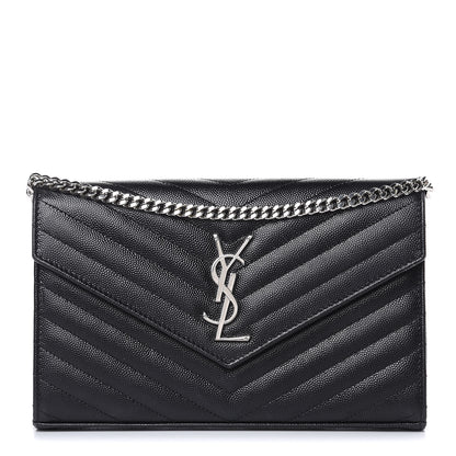 Saint Laurent Grain De Poudre Matelasse Chevron Monogram Chain Wallet Black 1 of 10
