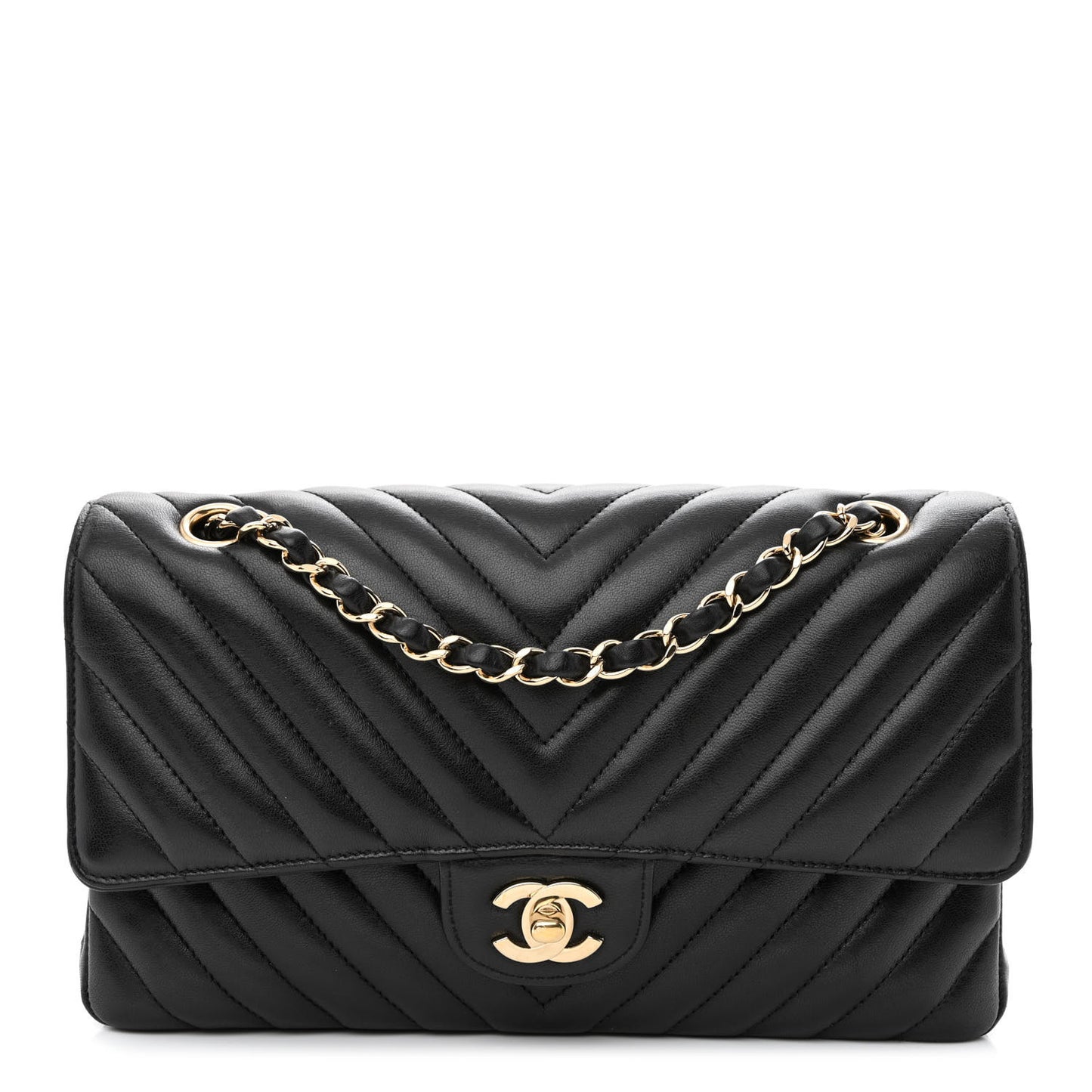 Lambskin Chevron Quilted Medium Double Flap Black
