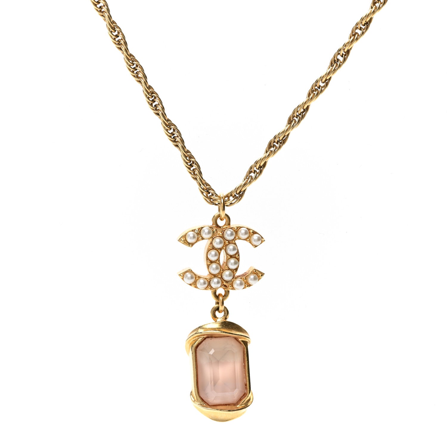 Chanel Pearl Crystal CC Pendant Necklace Gold Pink Pearly White 1 of 7