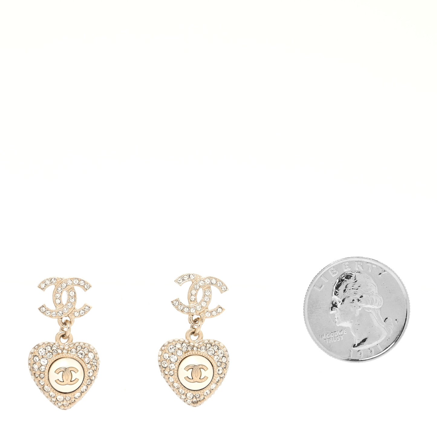 Pearl Crystal CC Heart Drop Earrings Gold White