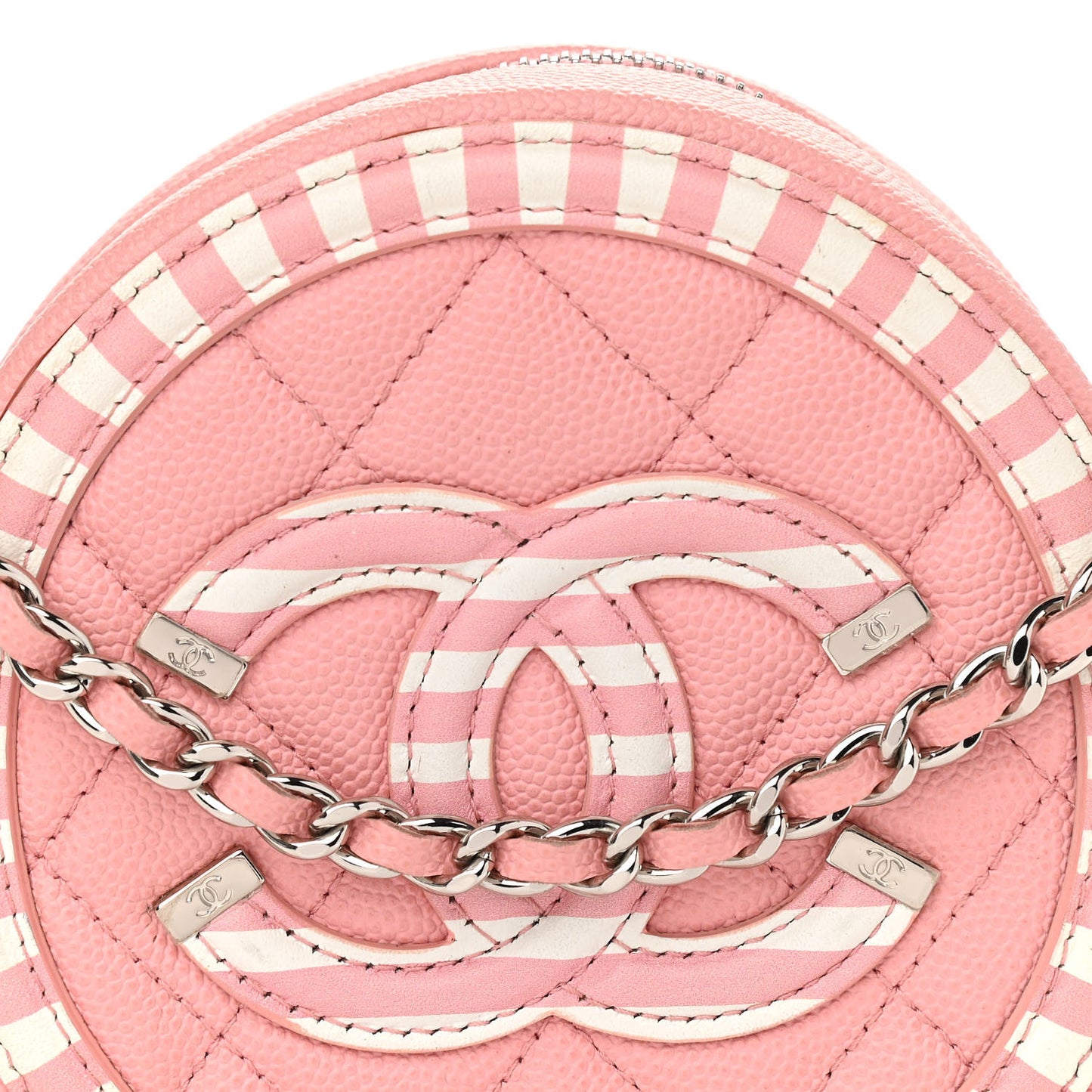 Caviar Quilted Filigree Round Clutch With Chain Pink White
