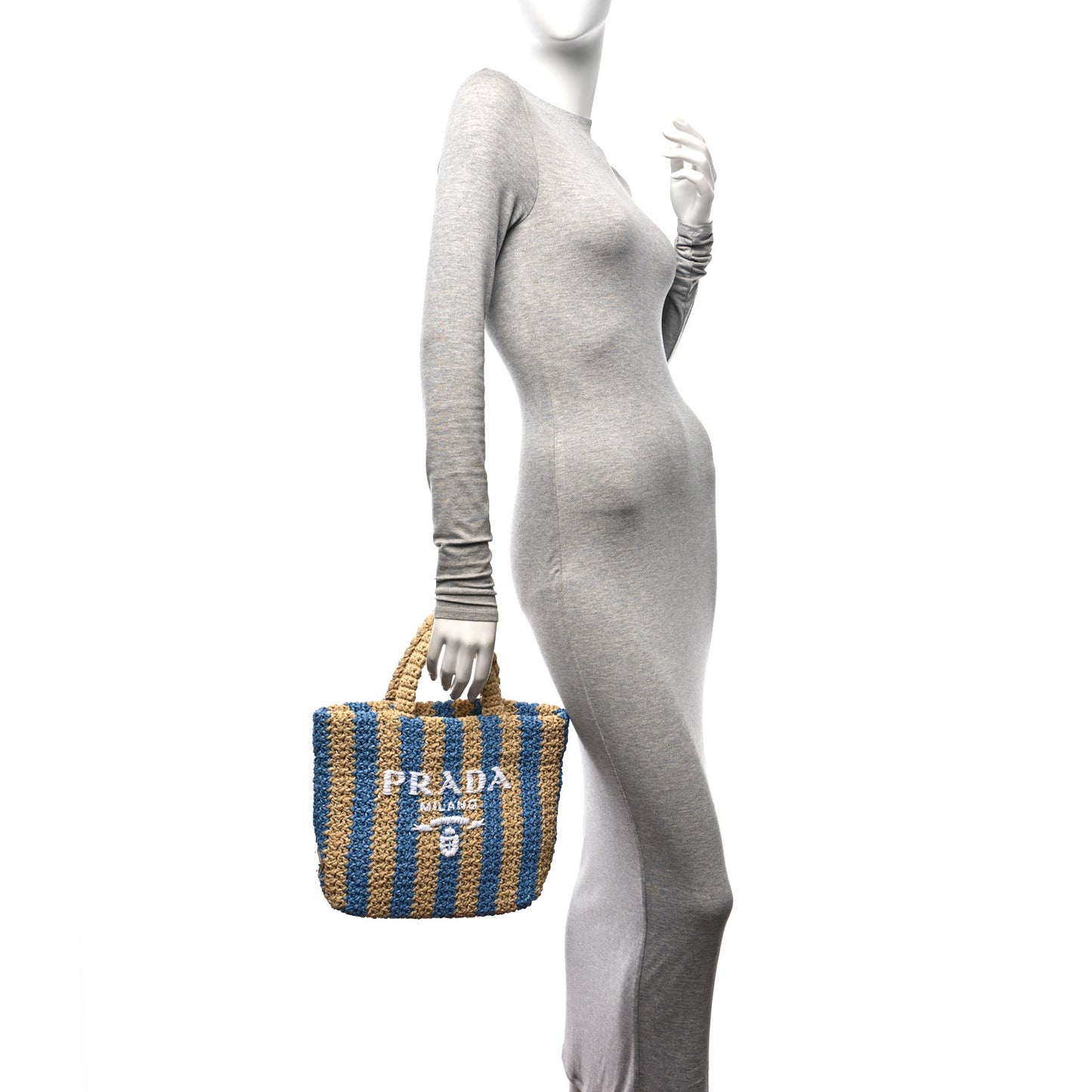 Yarn Raffia Effect Crochet Striped Small Logo Tote Naturale Celeste