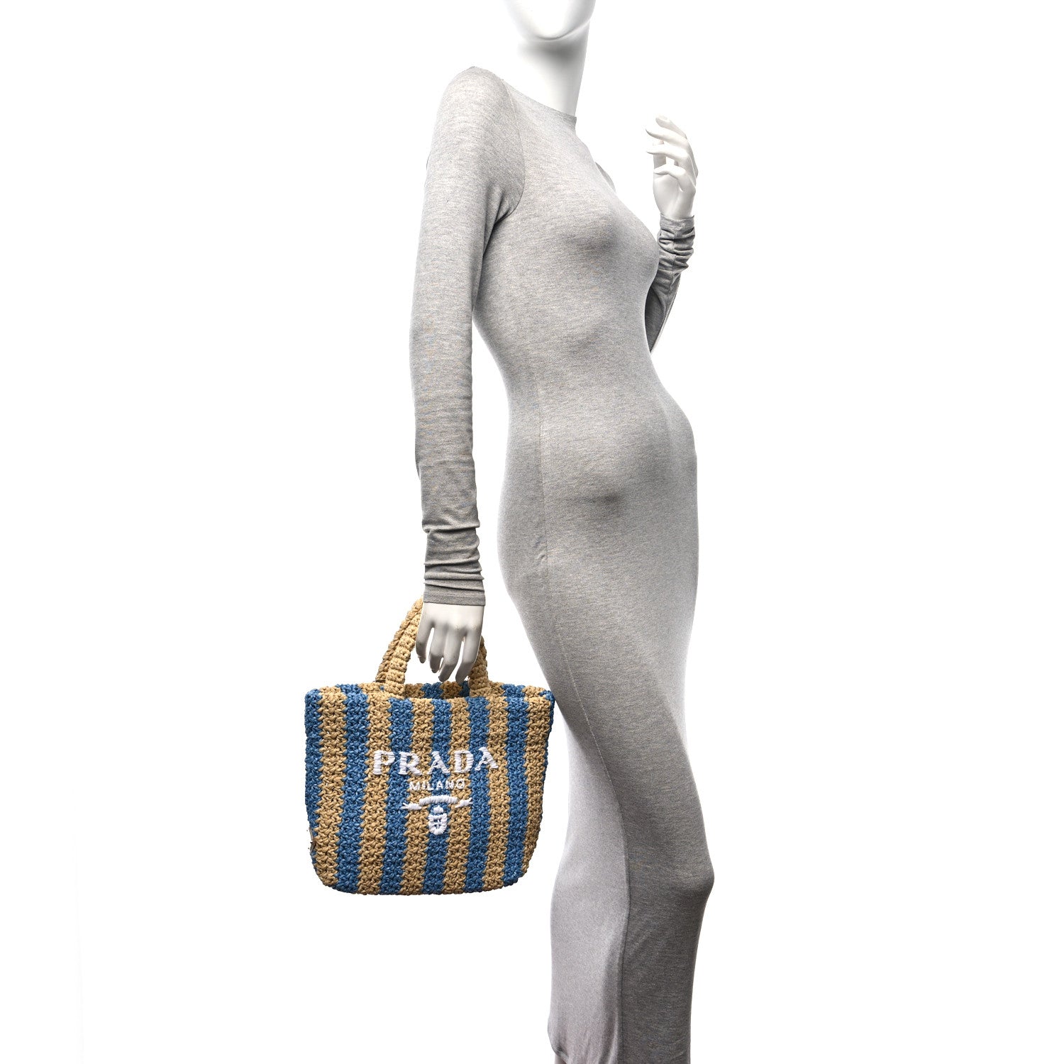 Prada Yarn Raffia Effect Crochet Striped Small Logo Tote Naturale Celeste 2 of 8