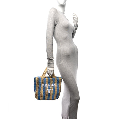 Prada Yarn Raffia Effect Crochet Striped Small Logo Tote Naturale Celeste 2 of 8